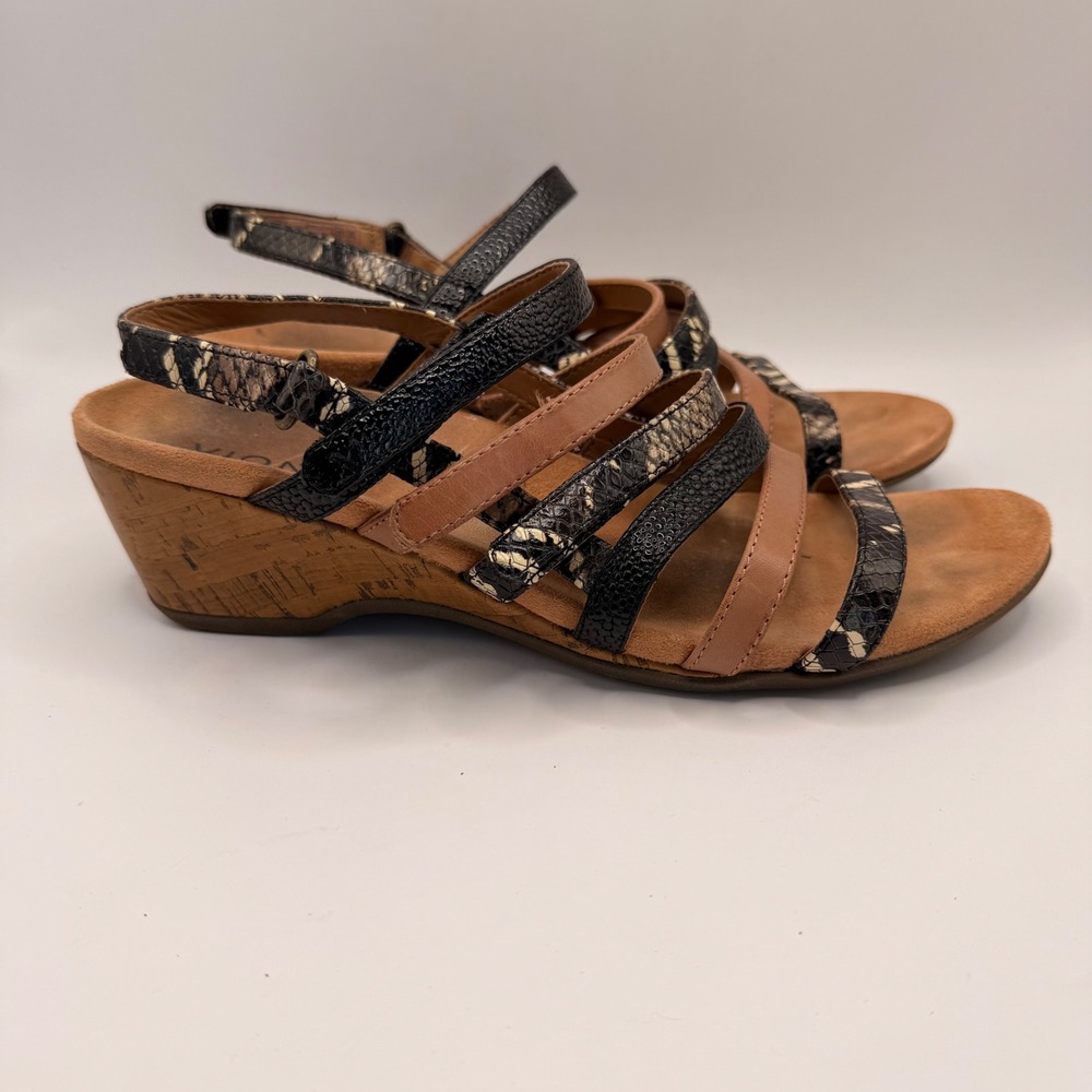 Vionic Tess Womens 8.5 Black Tan Snakeskin Multi Strap Cork Wedge Sandals‎ - Picture 3 of 6
